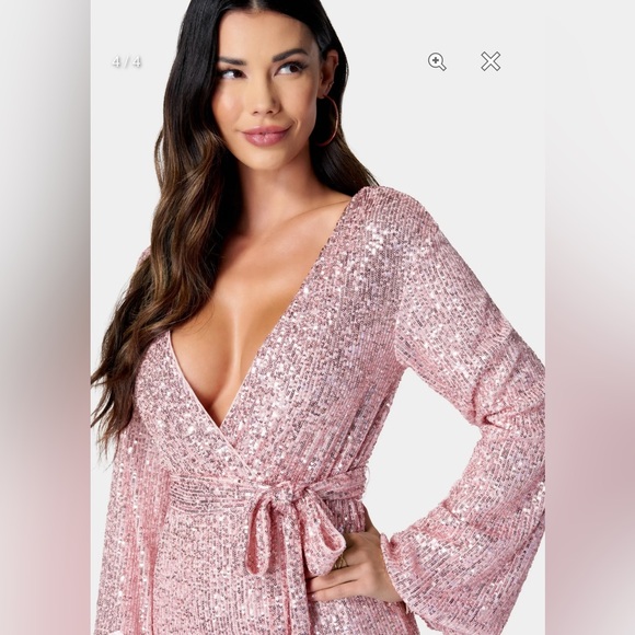 Bebe Sequin Tie Front Dress In Silver color. Size M - Picture 6 of 8